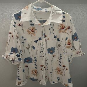 SHEIN Floral Ruffle Sleeve Blouse - White and Blue